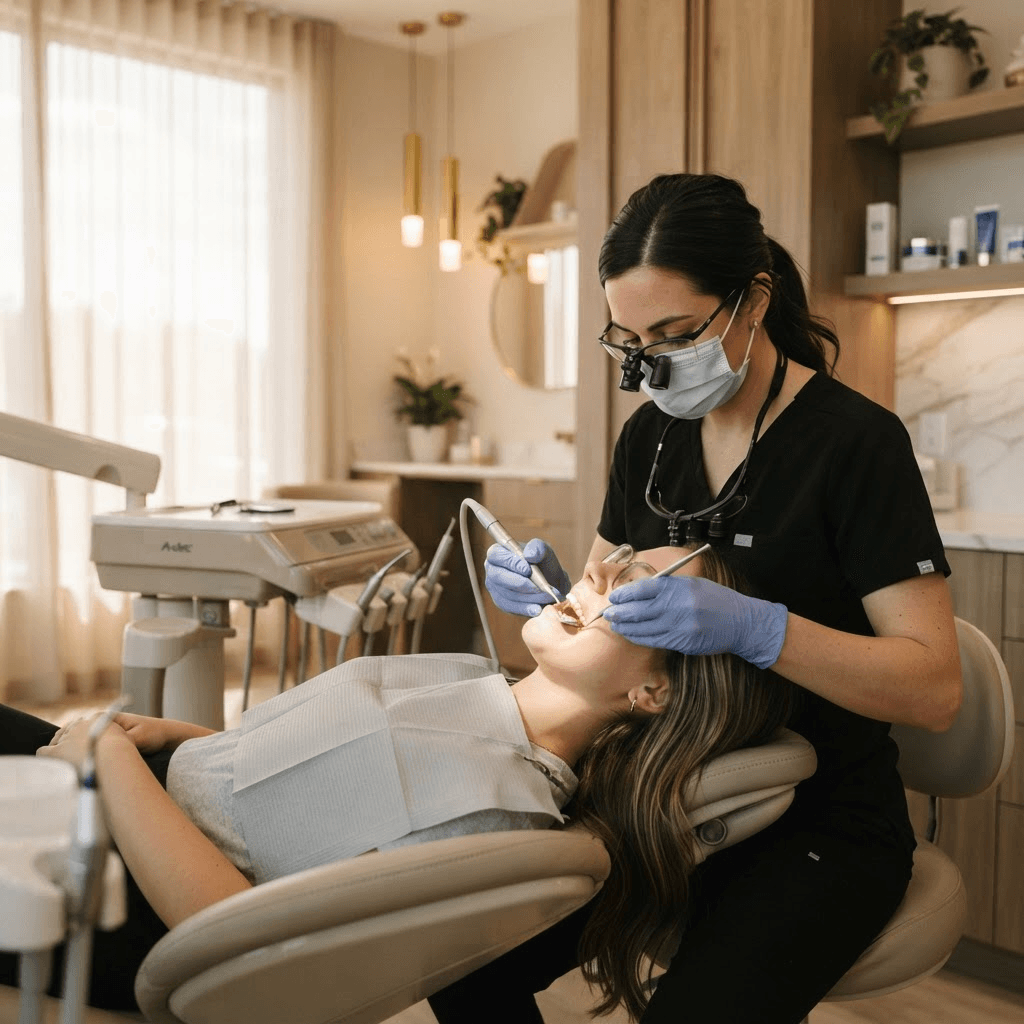Dental hygienist performing a professional periodontal cleaning