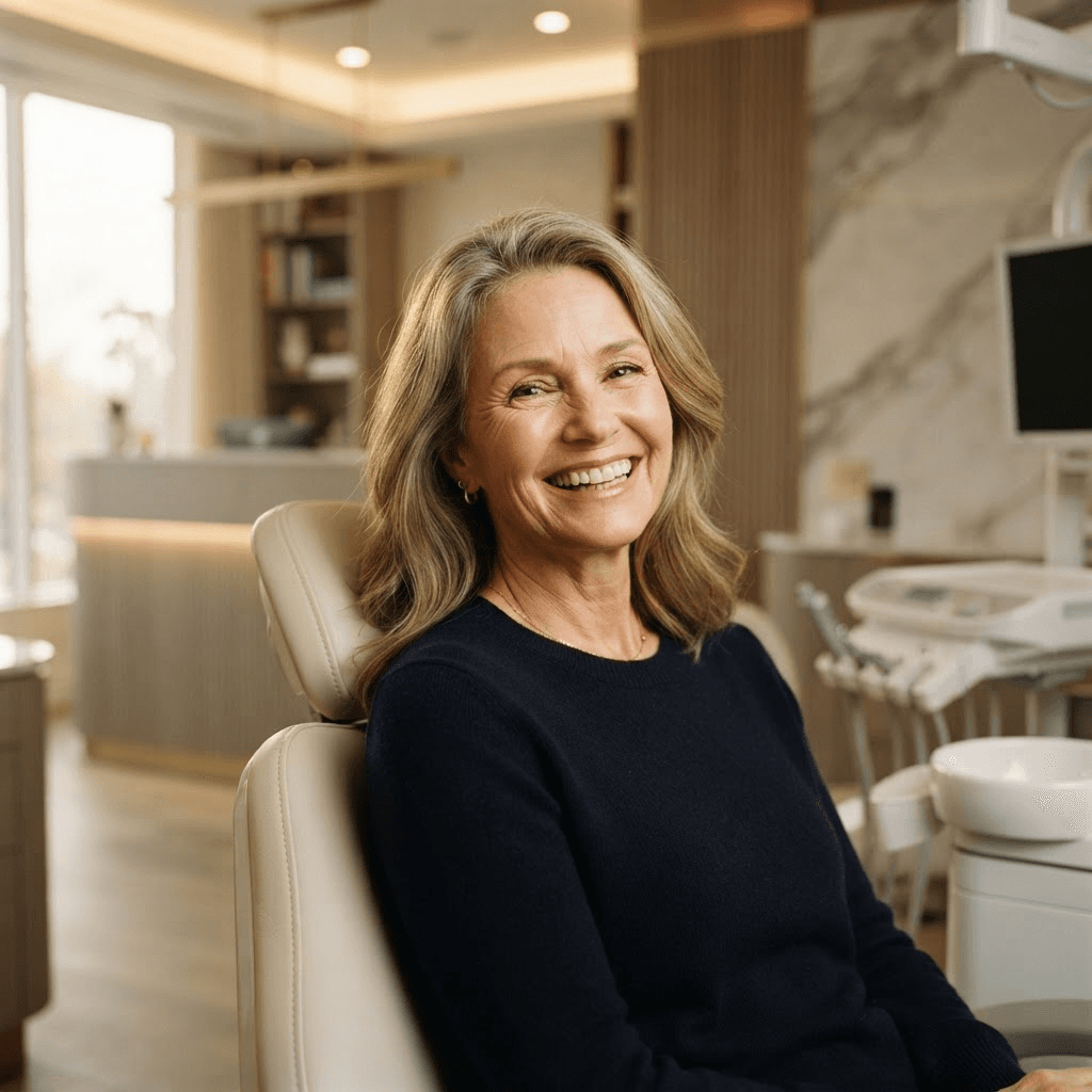 Confident mature adult smiling with natural-looking dentures