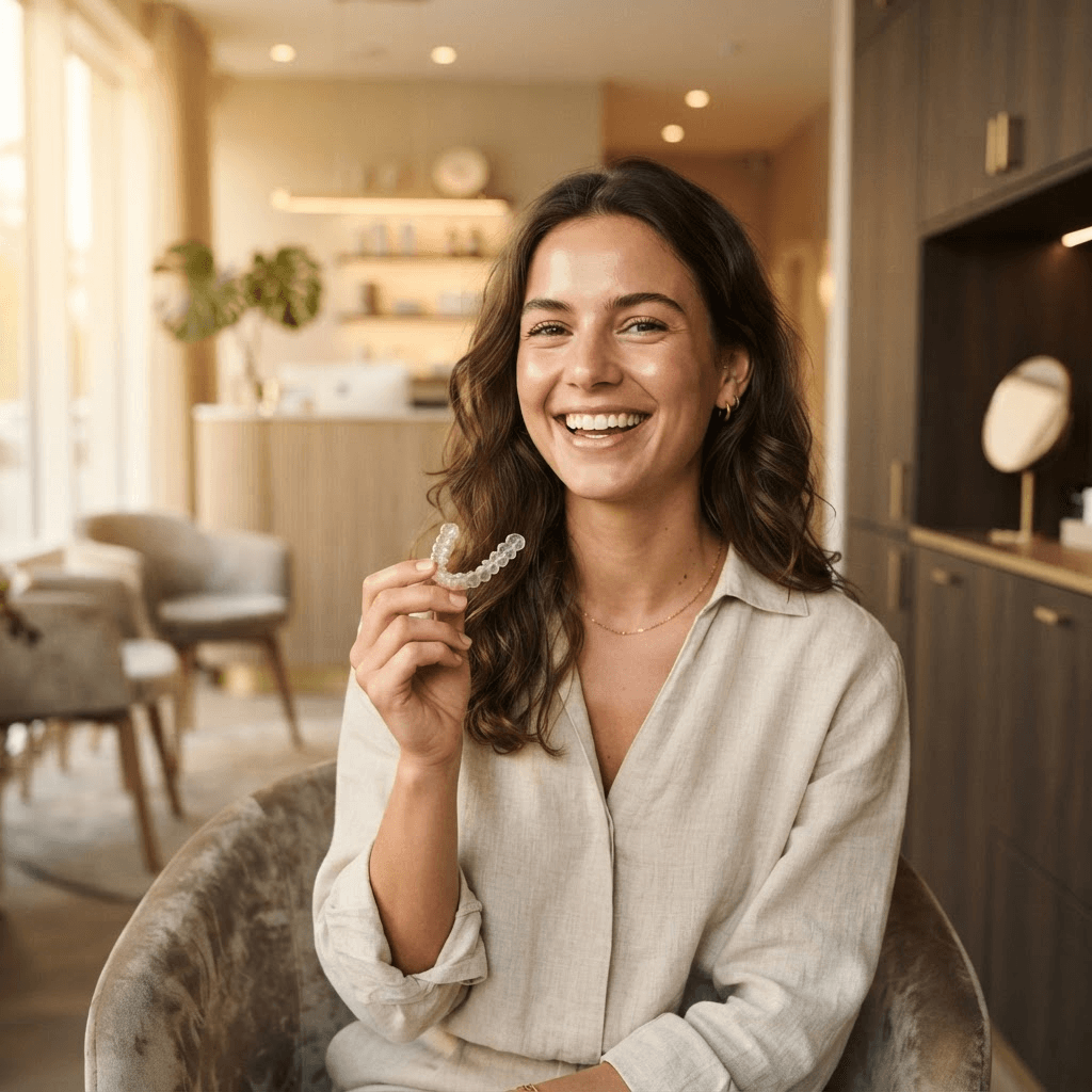 Patient holding a clear Invisalign aligner and smiling